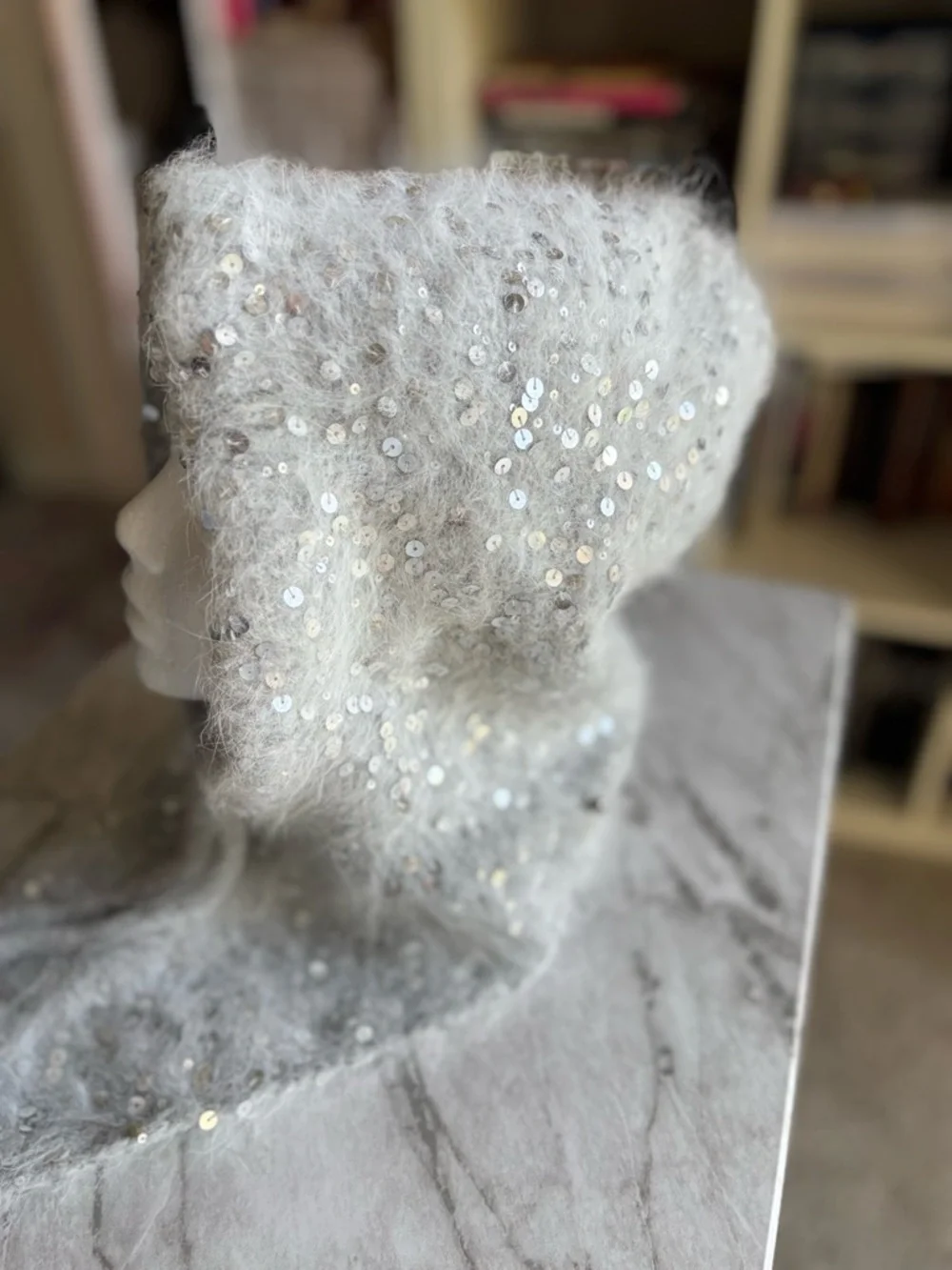 NWOT LE PETIT AGNEAU Sequin Detail Gray Hood Scarf Cashmere & Angora O/S